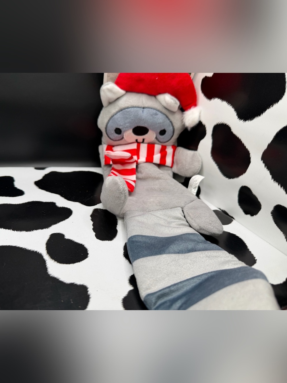 Gray Plush Squeaky Raccoon with Crinkle Paper Holiday Scarf Durable Dog Toy